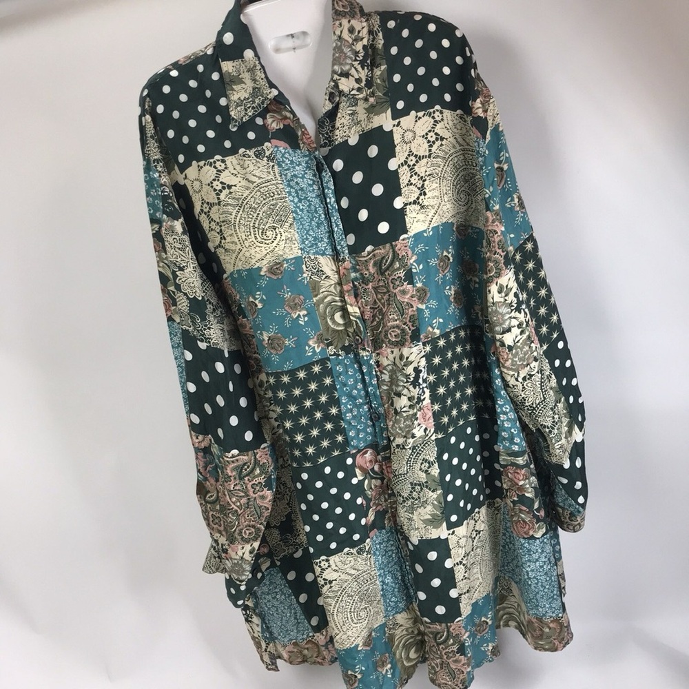 Vintage Teal Patchwork Look Silk Button-Up Tunic Blouse